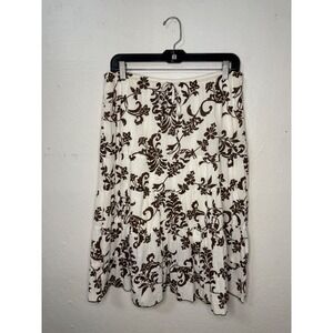 Vtg Janette Women's Large Tiered Floral Midi Skirt Brown White Cotton Boho Y2K